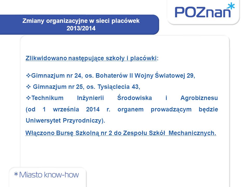 Zmiany organizacyjne w sieci placówek 2013/2014 Zlikwidowano następujące szkoły i placówki:  Gimnazjum nr 24, os.