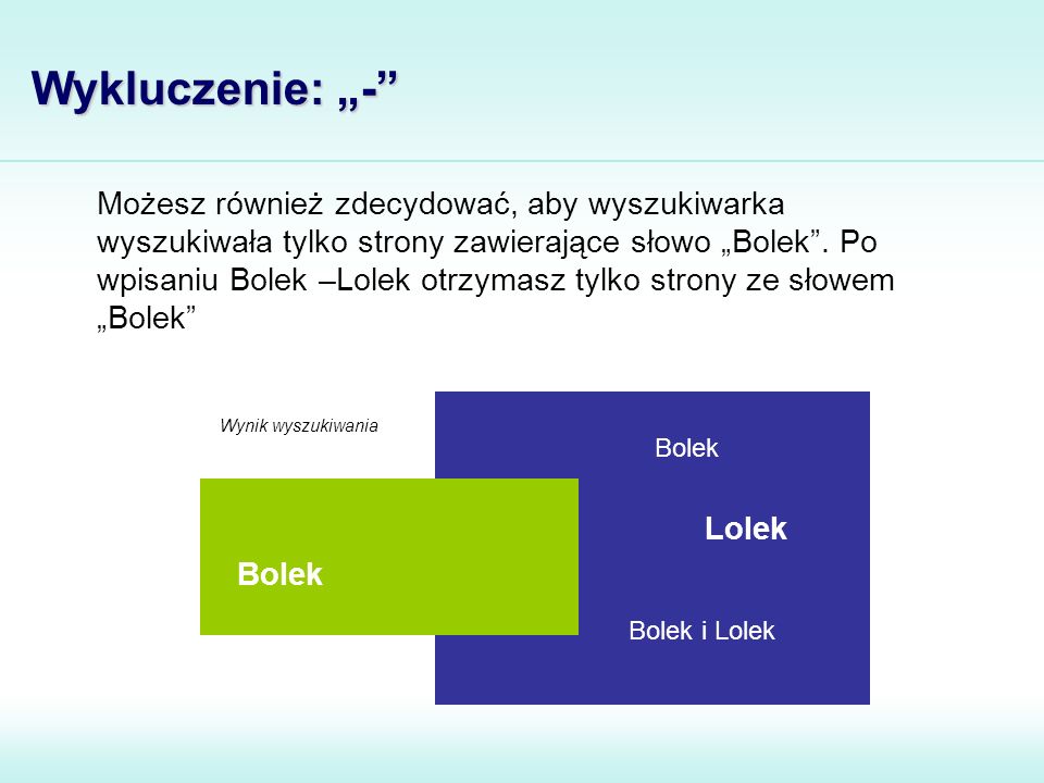 Możesz również zdecydować, aby wyszukiwarka wyszukiwała tylko strony zawierające słowo „Bolek .