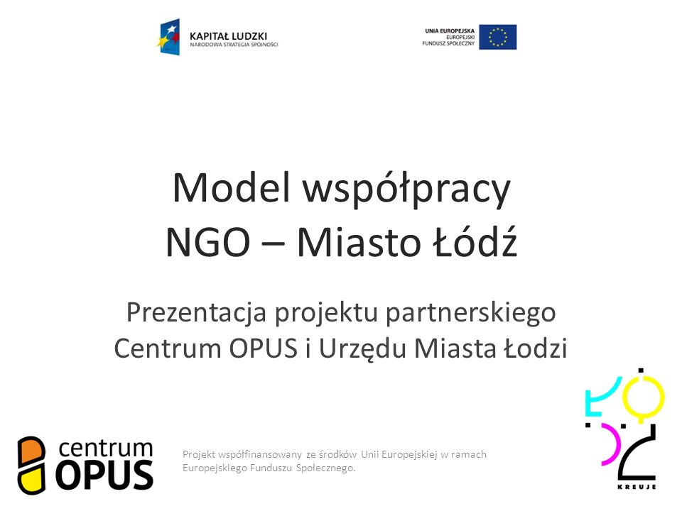 Model współpracy NGO – Miasto Łódź Prezentacja projektu partnerskiego Centrum OPUS i Urzędu Miasta Łodzi Projekt współfinansowany ze środków Unii Europejskiej w ramach Europejskiego Funduszu Społecznego.