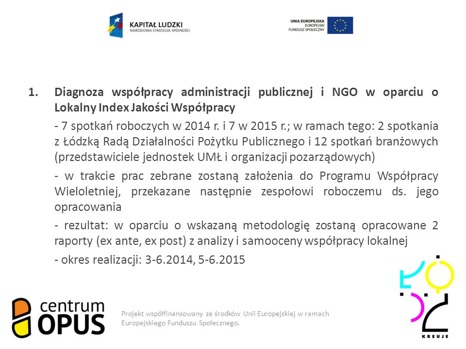 Model współpracy 1.Diagnoza współpracy administracji publicznej i NGO w oparciu o Lokalny Index Jakości Współpracy - 7 spotkań roboczych w 2014 r.