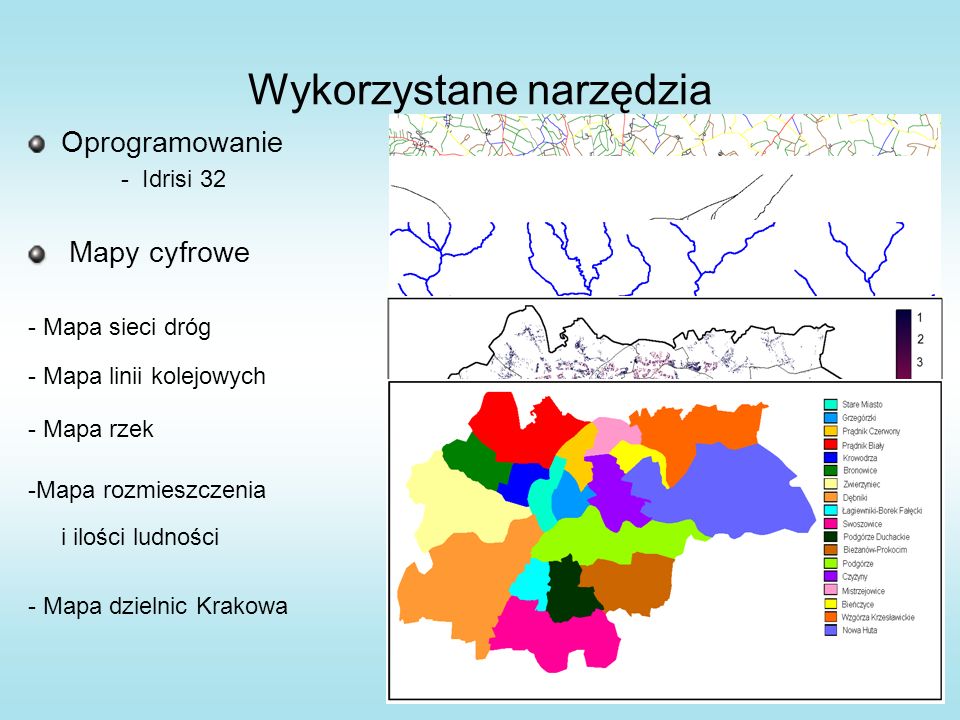Wykorzystane narzędzia Oprogramowanie - Idrisi 32 Mapy cyfrowe - Mapa sieci dróg - Mapa linii kolejowych - Mapa rzek -Mapa rozmieszczenia i ilości ludności - Mapa dzielnic Krakowa