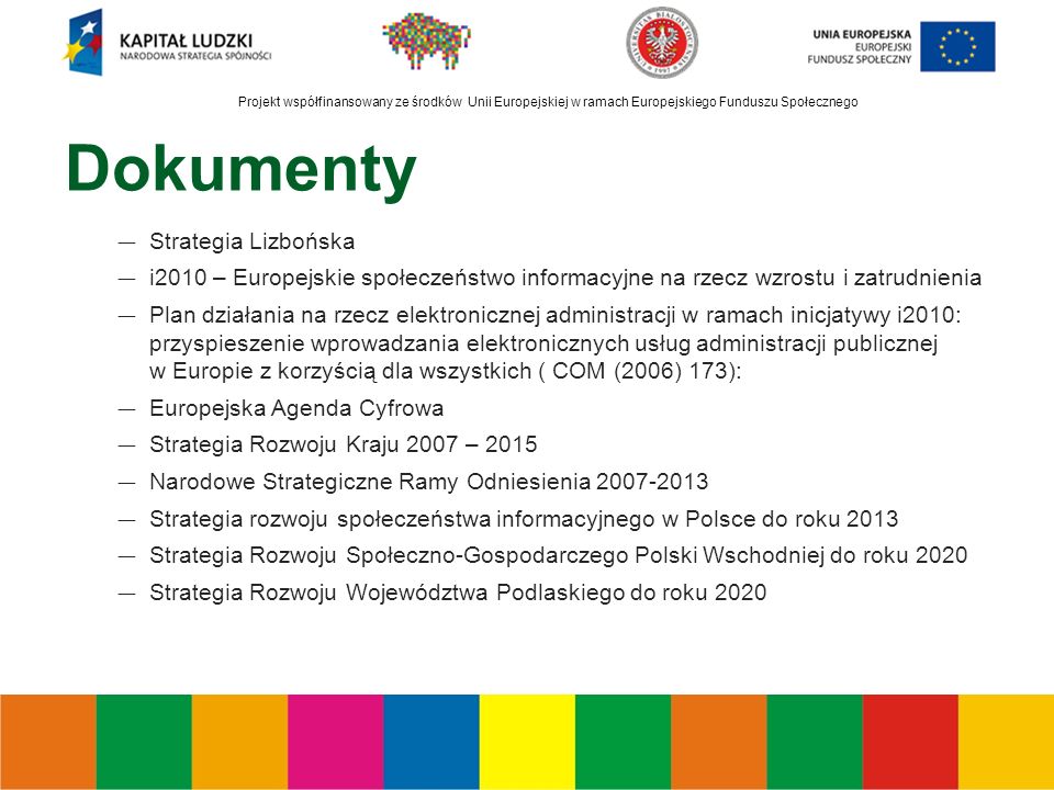 Projekt współfinansowany ze środków Unii Europejskiej w ramach Europejskiego Funduszu Społecznego Dokumenty ― Strategia Lizbońska ― i2010 – Europejskie społeczeństwo informacyjne na rzecz wzrostu i zatrudnienia ― Plan działania na rzecz elektronicznej administracji w ramach inicjatywy i2010: przyspieszenie wprowadzania elektronicznych usług administracji publicznej w Europie z korzyścią dla wszystkich ( COM (2006) 173): ― Europejska Agenda Cyfrowa ― Strategia Rozwoju Kraju 2007 – 2015 ― Narodowe Strategiczne Ramy Odniesienia ― Strategia rozwoju społeczeństwa informacyjnego w Polsce do roku 2013 ― Strategia Rozwoju Społeczno-Gospodarczego Polski Wschodniej do roku 2020 ― Strategia Rozwoju Województwa Podlaskiego do roku 2020