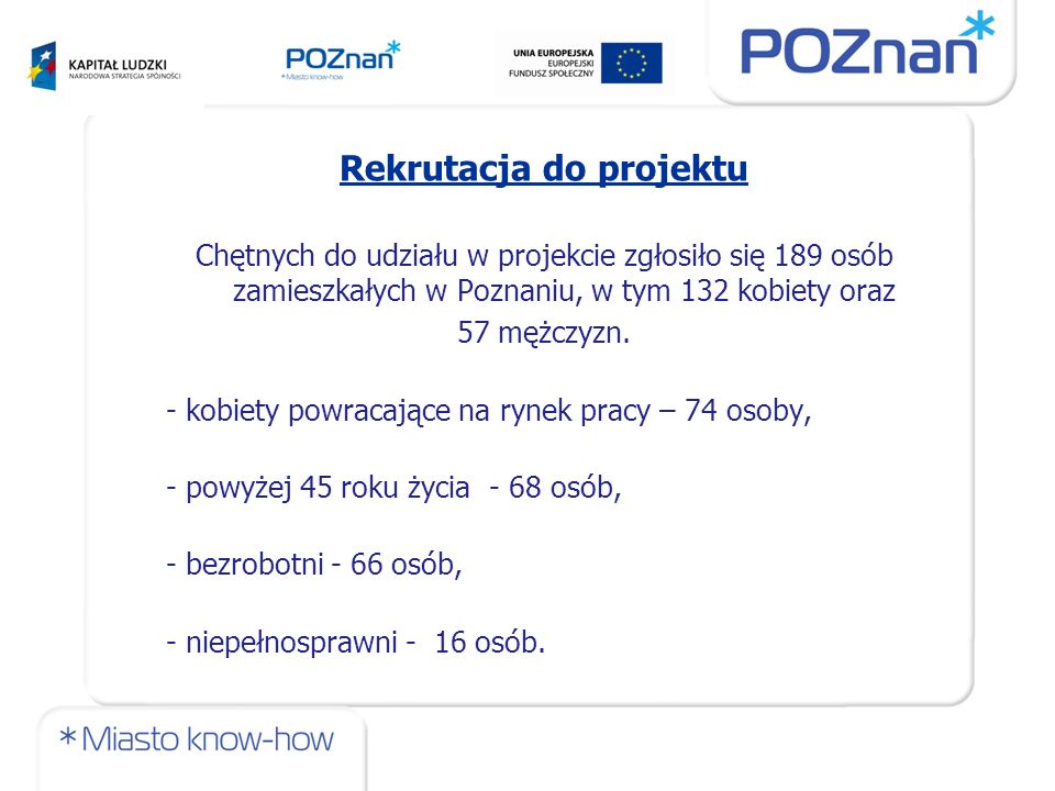 Rekrutacja do projektu Chętnych do udziału w projekcie zgłosiło się 189 osób zamieszkałych w Poznaniu, w tym 132 kobiety oraz 57 mężczyzn.
