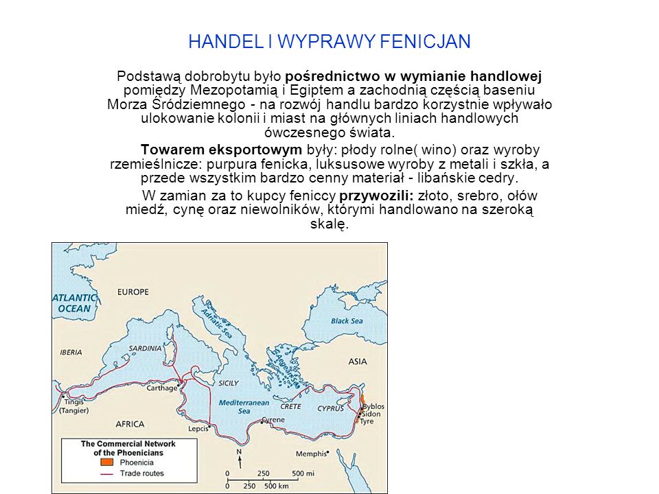 HANDEL I WYPRAWY FENICJAN Podstawą dobrobytu było pośrednictwo w wymianie handlowej pomiędzy Mezopotamią i Egiptem a zachodnią częścią baseniu Morza Śródziemnego - na rozwój handlu bardzo korzystnie wpływało ulokowanie kolonii i miast na głównych liniach handlowych ówczesnego świata.