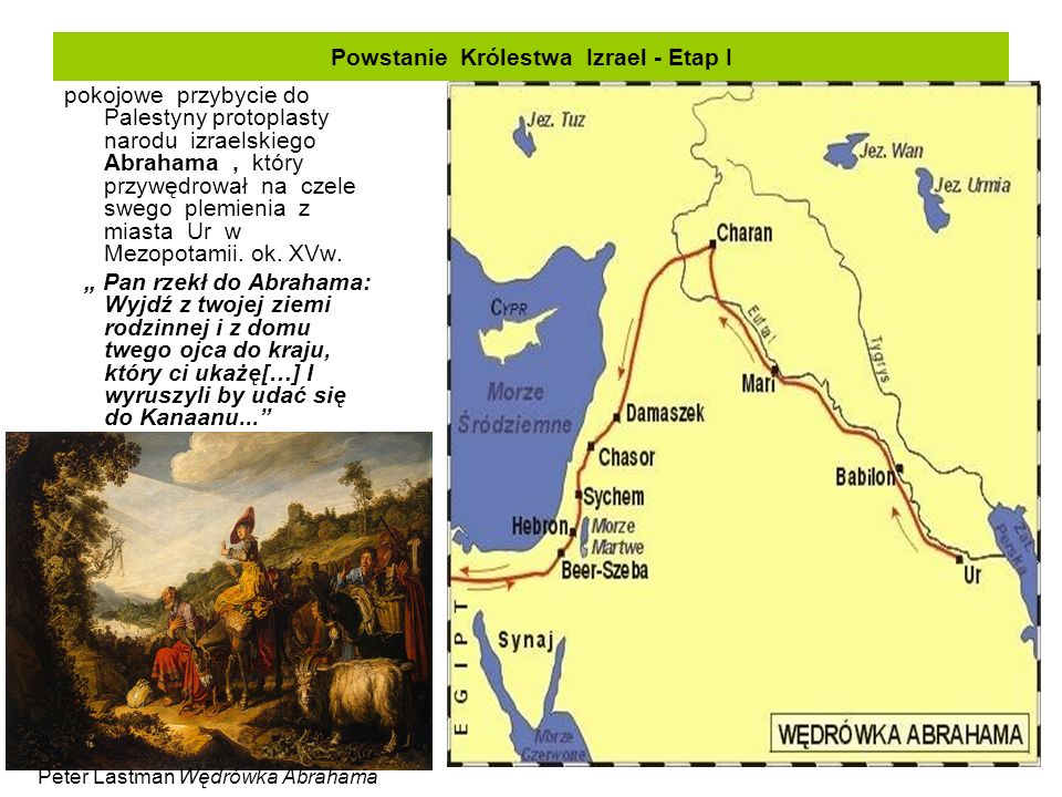 Powstanie Królestwa Izrael - Etap I pokojowe przybycie do Palestyny protoplasty narodu izraelskiego Abrahama, który przywędrował na czele swego plemienia z miasta Ur w Mezopotamii.