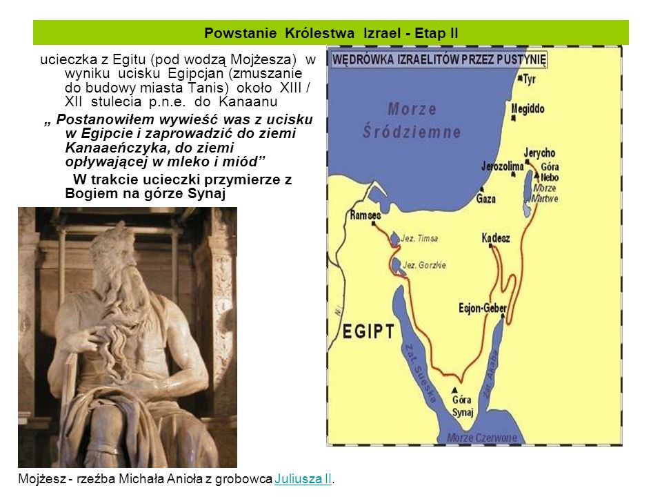 Powstanie Królestwa Izrael - Etap II ucieczka z Egitu (pod wodzą Mojżesza) w wyniku ucisku Egipcjan (zmuszanie do budowy miasta Tanis) około XIII / XII stulecia p.n.e.
