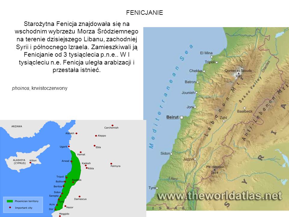 FENICJANIE Starożytna Fenicja znajdowała się na wschodnim wybrzeżu Morza Śródziemnego na terenie dzisiejszego Libanu, zachodniej Syrii i północnego Izraela.