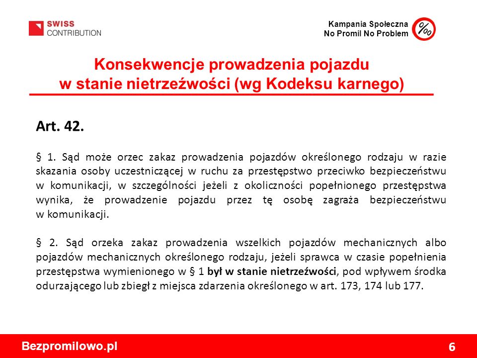 Kampania Społeczna No Promil No Problem Bezpromilowo.pl 6 Konsekwencje prowadzenia pojazdu w stanie nietrzeźwości (wg Kodeksu karnego) Art.