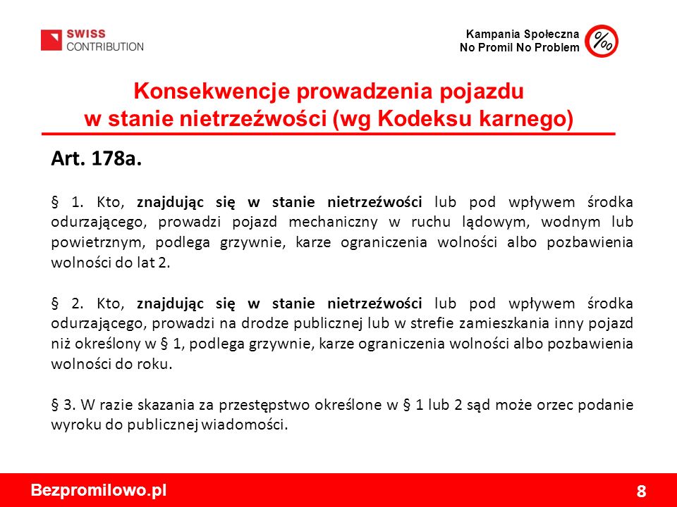 Kampania Społeczna No Promil No Problem Bezpromilowo.pl 8 Konsekwencje prowadzenia pojazdu w stanie nietrzeźwości (wg Kodeksu karnego) Art.