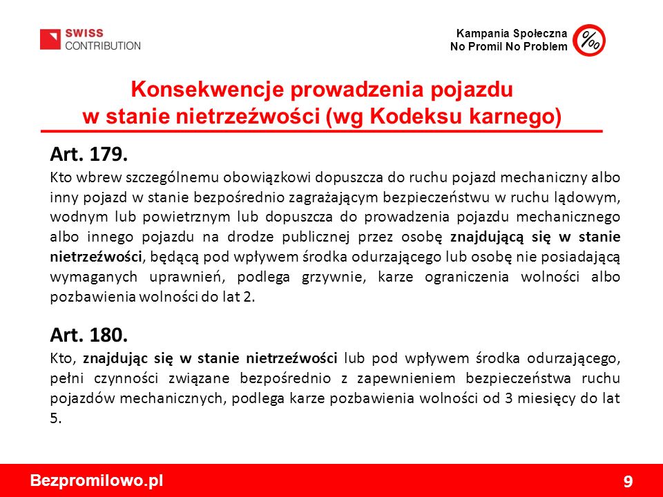Kampania Społeczna No Promil No Problem Bezpromilowo.pl 9 Konsekwencje prowadzenia pojazdu w stanie nietrzeźwości (wg Kodeksu karnego) Art.