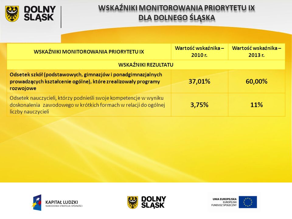 WSKAŹNIKI MONITOROWANIA PRIORYTETU IX Wartość wskaźnika – 2010 r.