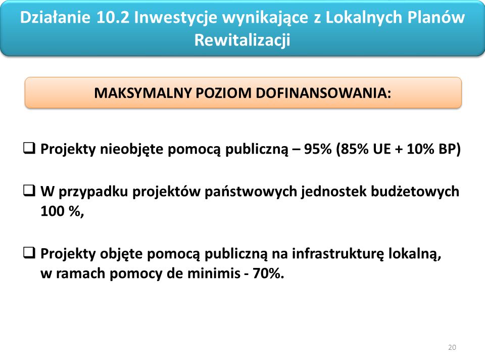 20 Regionalny Program Operacyjny Województwa Opolskiego na lata  Projekty nieobjęte pomocą publiczną – 95% (85% UE + 10% BP)  W przypadku projektów państwowych jednostek budżetowych 100 %,  Projekty objęte pomocą publiczną na infrastrukturę lokalną, w ramach pomocy de minimis - 70%.