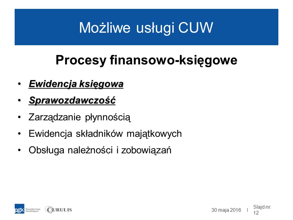 | Możliwe usługi CUW Procesy finansowo-księgowe Ewidencja księgowaEwidencja księgowa SprawozdawczośćSprawozdawczość Zarządzanie płynnością Ewidencja składników majątkowych Obsługa należności i zobowiązań 30 maja 2016 Slajd nr: 12