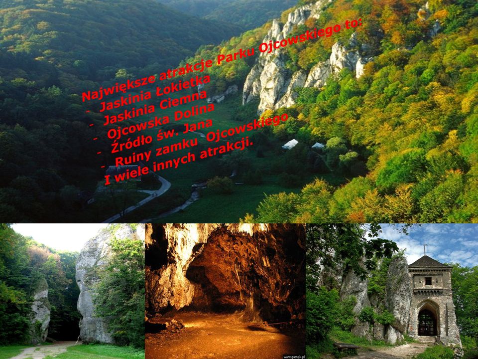 Największe atrakcje Parku Ojcowskiego to: -Jaskinia Łokietka -Jaskinia Ciemna -Ojcowska Dolina -Źródło św.