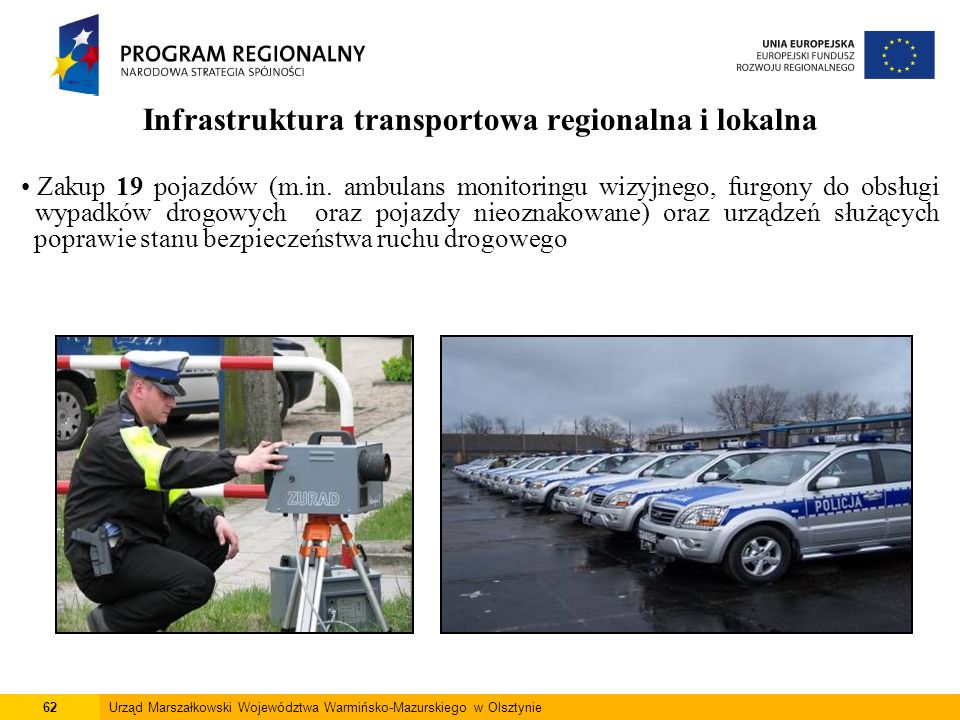 62Urząd Marszałkowski Województwa Warmińsko-Mazurskiego w Olsztynie Infrastruktura transportowa regionalna i lokalna Zakup 19 pojazdów (m.in.