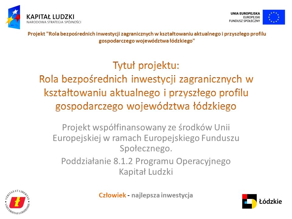 Człowiek - najlepsza inwestycja Projekt Rola bezpośrednich inwestycji zagranicznych w kształtowaniu aktualnego i przyszłego profilu gospodarczego województwa łódzkiego Projekt współfinansowany ze środków Unii Europejskiej w ramach Europejskiego Funduszu Społecznego.
