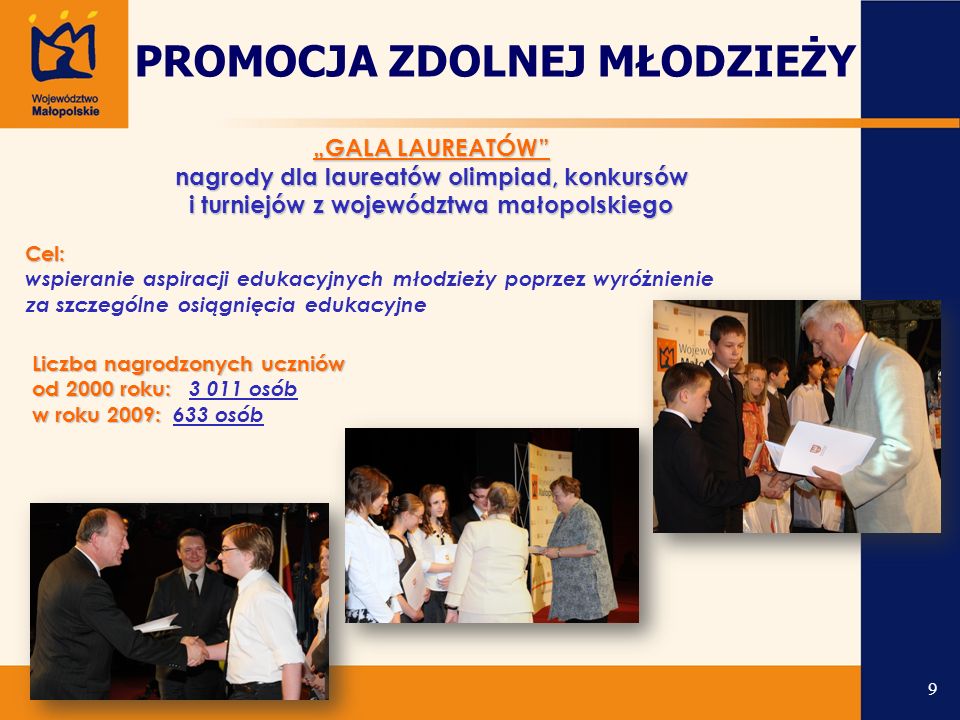 „GALA LAUREATÓW nagrody dla laureatów olimpiad, konkursów i turniejów z województwa małopolskiego Liczba nagrodzonych uczniów od 2000 roku: Liczba nagrodzonych uczniów od 2000 roku: osób w roku 2009: w roku 2009: 633 osób Cel: wspieranie aspiracji edukacyjnych młodzieży poprzez wyróżnienie z a szczególne osiągnięcia edukacyjne PROMOCJA ZDOLNEJ MŁODZIEŻY 9
