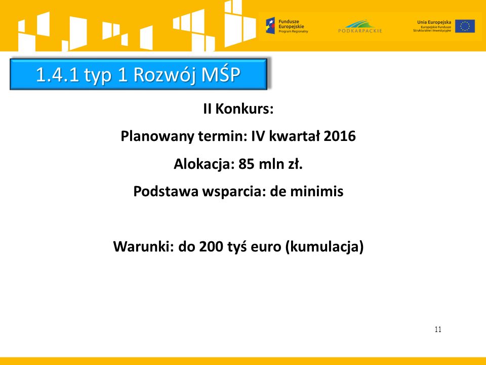 11 II Konkurs: Planowany termin: IV kwartał 2016 Alokacja: 85 mln zł.
