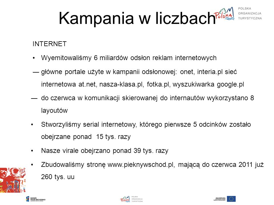 Kampania w liczbach INTERNET Wyemitowaliśmy 6 miliardów odsłon reklam internetowych ―główne portale użyte w kampanii odsłonowej: onet, interia.pl sieć internetowa at.net, nasza-klasa.pl, fotka.pl, wyszukiwarka google.pl ―do czerwca w komunikacji skierowanej do internautów wykorzystano 8 layoutów Stworzyliśmy serial internetowy, którego pierwsze 5 odcinków zostało obejrzane ponad 15 tys.