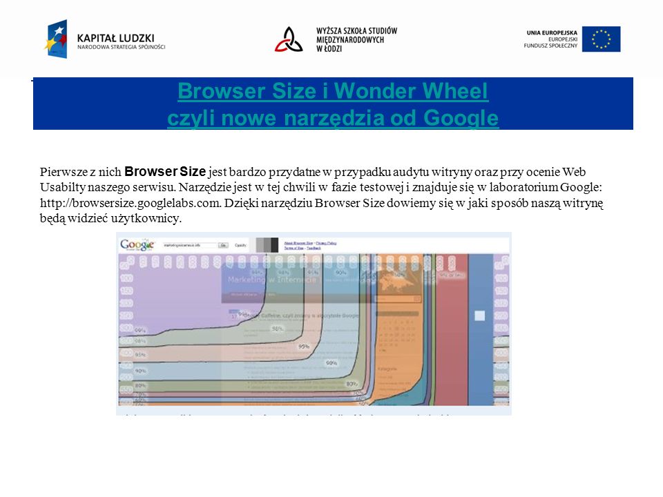 Browser Size i Wonder Wheel czyli nowe narzędzia od Google Pierwsze z nich Browser Size jest bardzo przydatne w przypadku audytu witryny oraz przy ocenie Web Usabilty naszego serwisu.