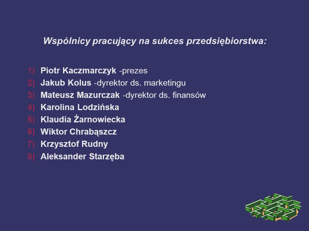 Wspólnicy pracujący na sukces przedsiębiorstwa: 1)Piotr Kaczmarczyk -prezes 2)Jakub Kolus -dyrektor ds.