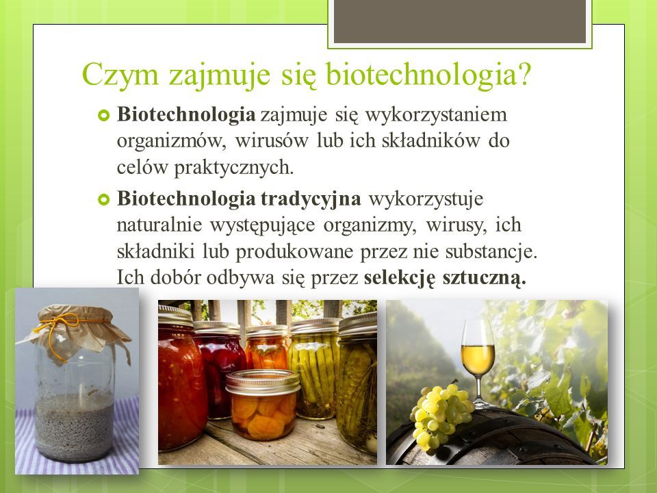  Biotechnologia zajmuje się wykorzystaniem organizmów, wirusów lub ich składników do celów praktycznych.